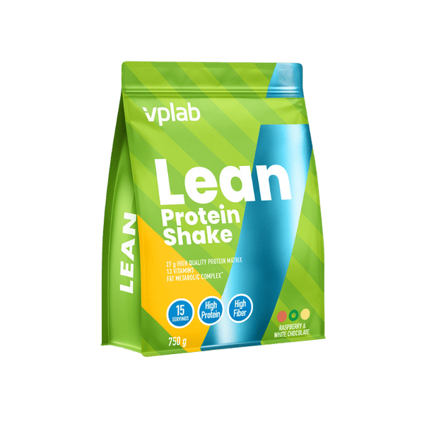 VPLAB Lean Protein Shake 750g container with chocolate flavor, featuring a sleek black and red label and a scoop of protein powder.