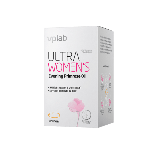VPLAB Ultra Women's Evening Primrose Oil bottle with label, featuring golden liquid and product branding.