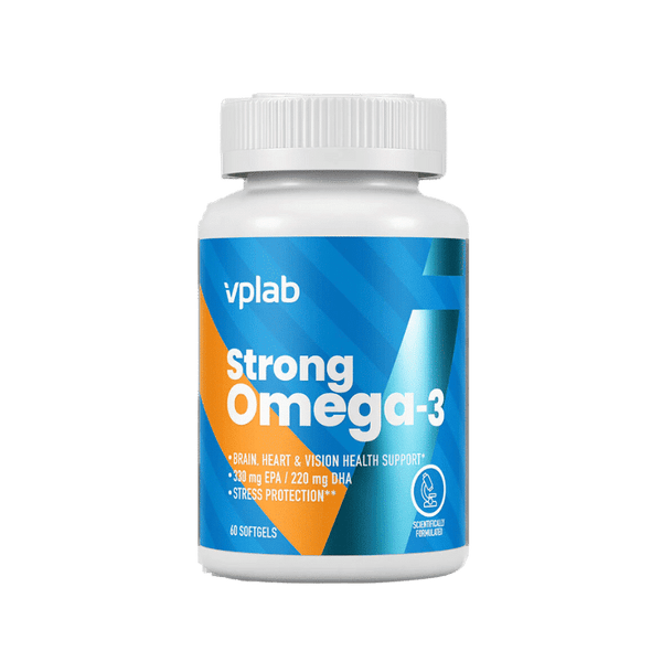 VPLAB Strong Omega-3 supplement bottle with capsules, featuring the VPLAB brand label in a clean, professional design.