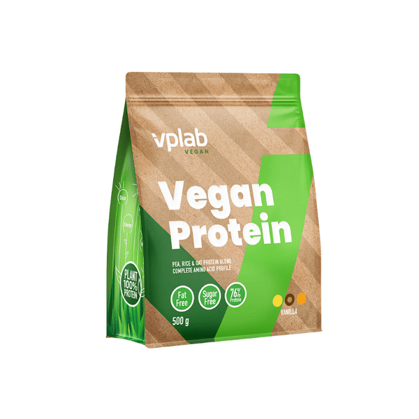 VPLAB Vegan Protein powder in 500g container, showing the label and product packaging on a white background.