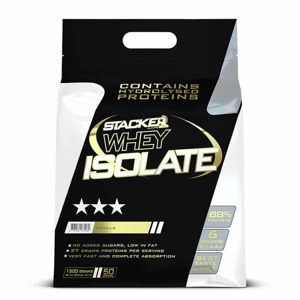 Stacker2 Whey Isolate vanilla protein powder in a 1.5kg container on a plain background.