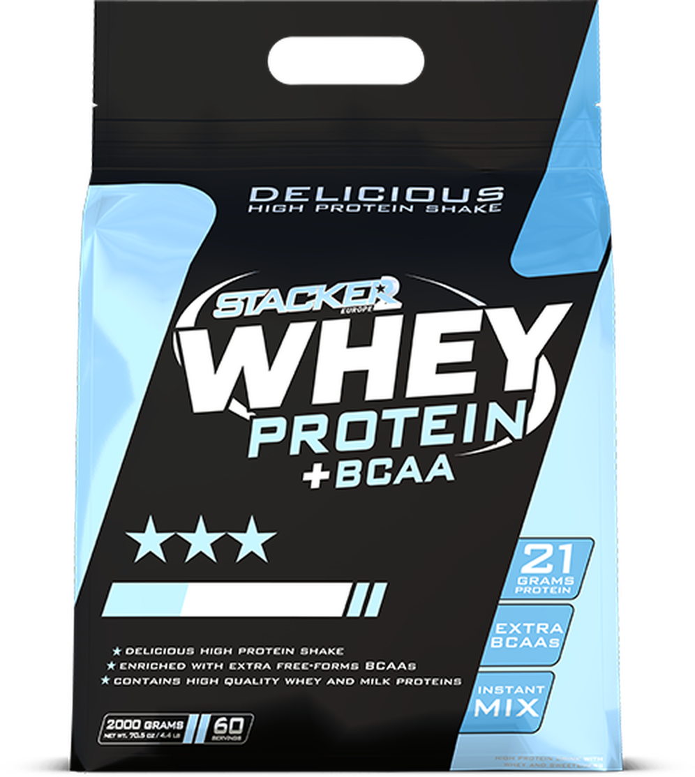Stacker2 Whey Protein + BCAA 2kg tub, 21g protein per serving, 60 servings