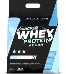Stacker2 Whey Protein + BCAA 2kg tub, 21g protein per serving, 60 servings