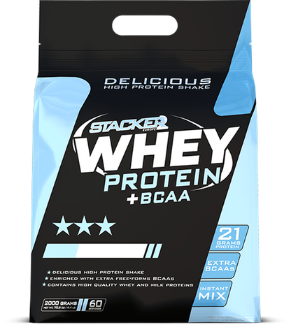 Stacker2 Whey Protein + BCAA 2kg tub, 21g protein per serving, 60 servings