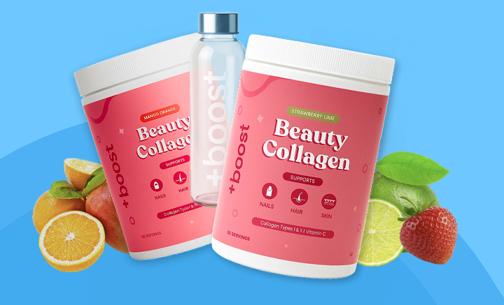 Two containers of 'Beauty Collagen' with fruits on a blue background