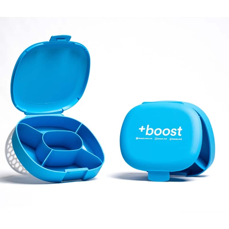 +boost Pill Storage Box with multiple compartments for organizing vitamins and medications, compact and portable design