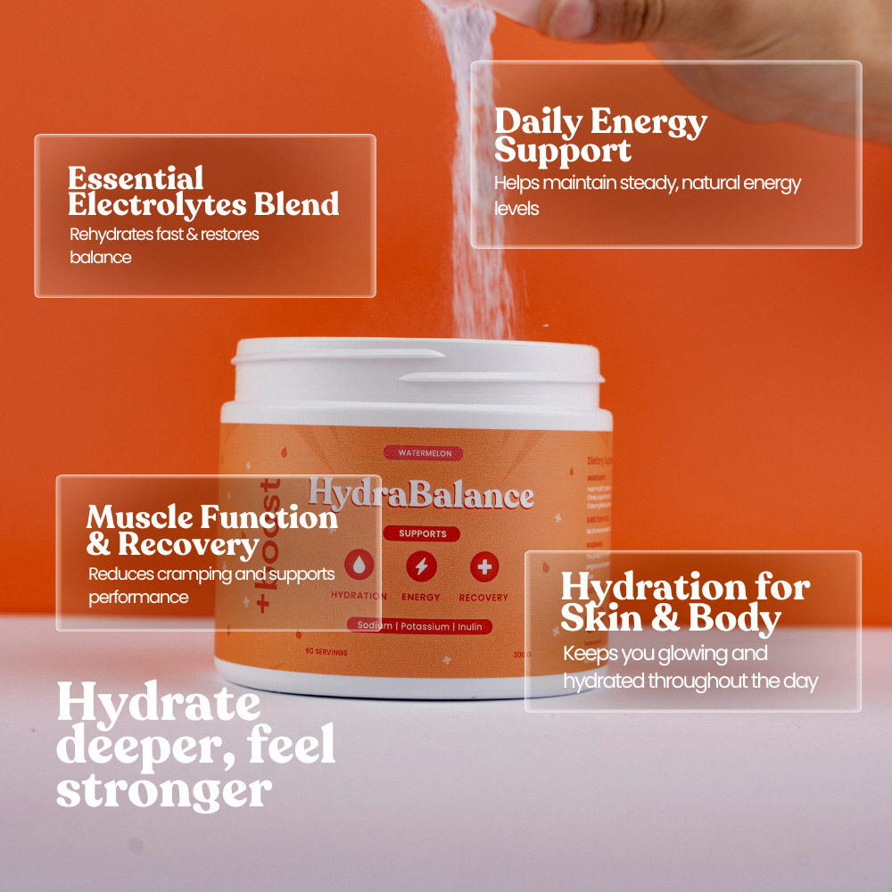 +boost HydraBalance Electrolytes packet showing electrolyte benefits and hydration support for optimal health.