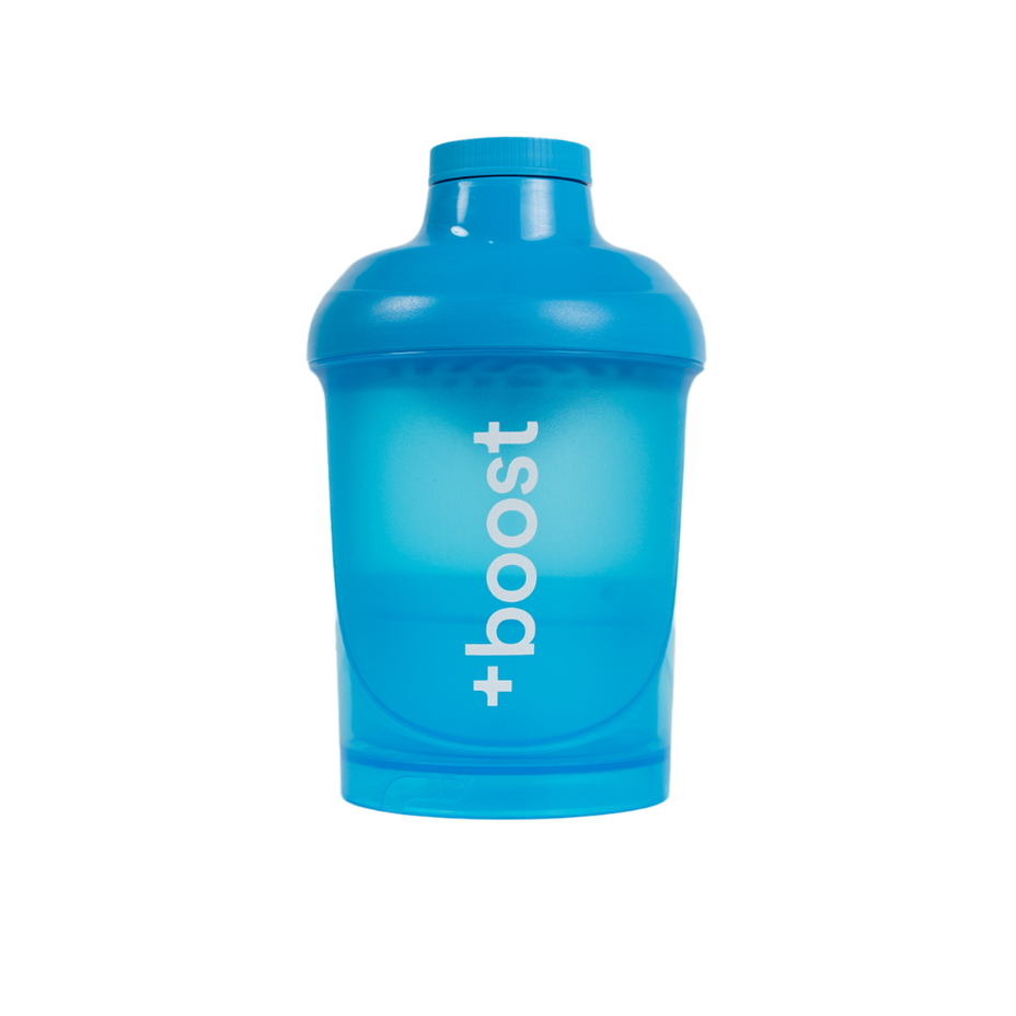 +boost shaker bottle with 300ml capacity, stainless steel lid, and leak-proof design for mixing protein shakes and beverages