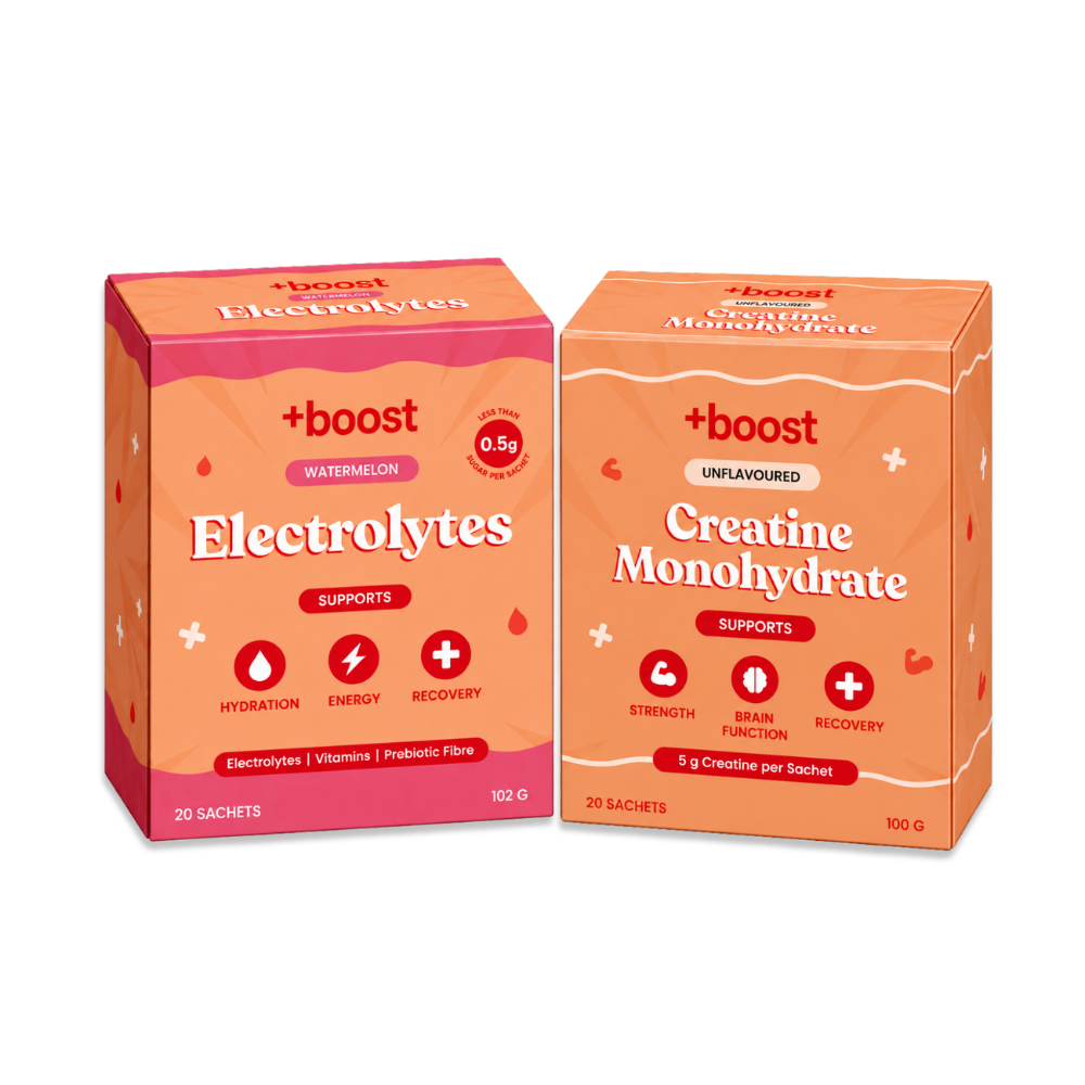 Two orange and pink boxes of +boost sports nutrition sachets on a plain white background. The left box is labeled 'Electrolytes' with watermelon flavor, and the right box is labeled 'Creatine Monohydrate' unflavoured.