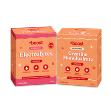 Two orange and pink boxes of +boost sports nutrition sachets on a plain white background. The left box is labeled 'Electrolytes' with watermelon flavor, and the right box is labeled 'Creatine Monohydrate' unflavoured.