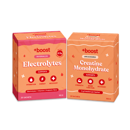 Two orange and pink boxes of +boost sports nutrition sachets on a plain white background. The left box is labeled 'Electrolytes' with watermelon flavor, and the right box is labeled 'Creatine Monohydrate' unflavoured.