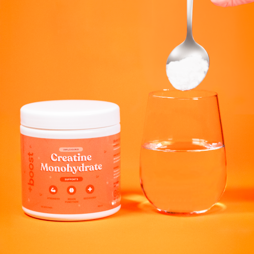 Creatine Monohydrate supplement container with a glass of water and a spoon on an orange background