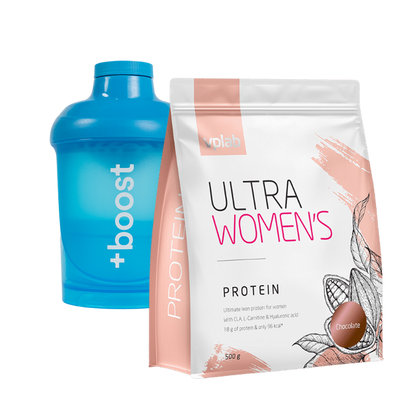 Ultra Women's Protein and Shaker Bundle from +boost, featuring a sleek shaker bottle and protein powder for fitness nutrition.